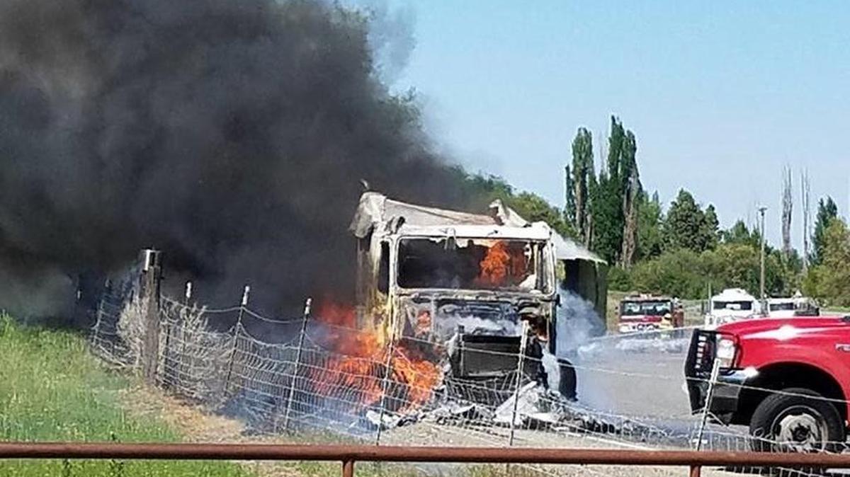 A truck was destroyed when the load of hay caught fire near Eltopia on Monday.