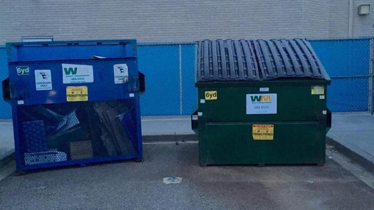 A transient was sleeping in a trash bin like these at a Kennewick school when a Waste Management garbage truck emptied it. The truck driver stopped when he heard the man banging from the inside.