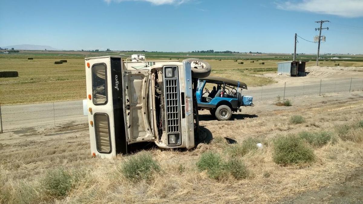 An Idaho man was hurt after his when a tire on his RV failed Monday causing him to lose control and flip on Highway 395 north of Pasco.