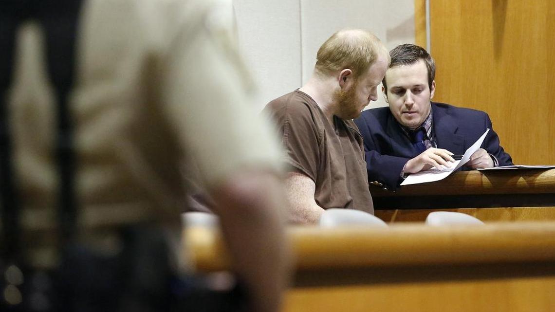 Roy David Farber, left, talks with defense attorney Michael Vander Sys before arraignment Friday afternoon in Benton County Superior Court in Kennewick. Farber, 31, is charged with five sex crimes for his alleged relationship with a young teen.