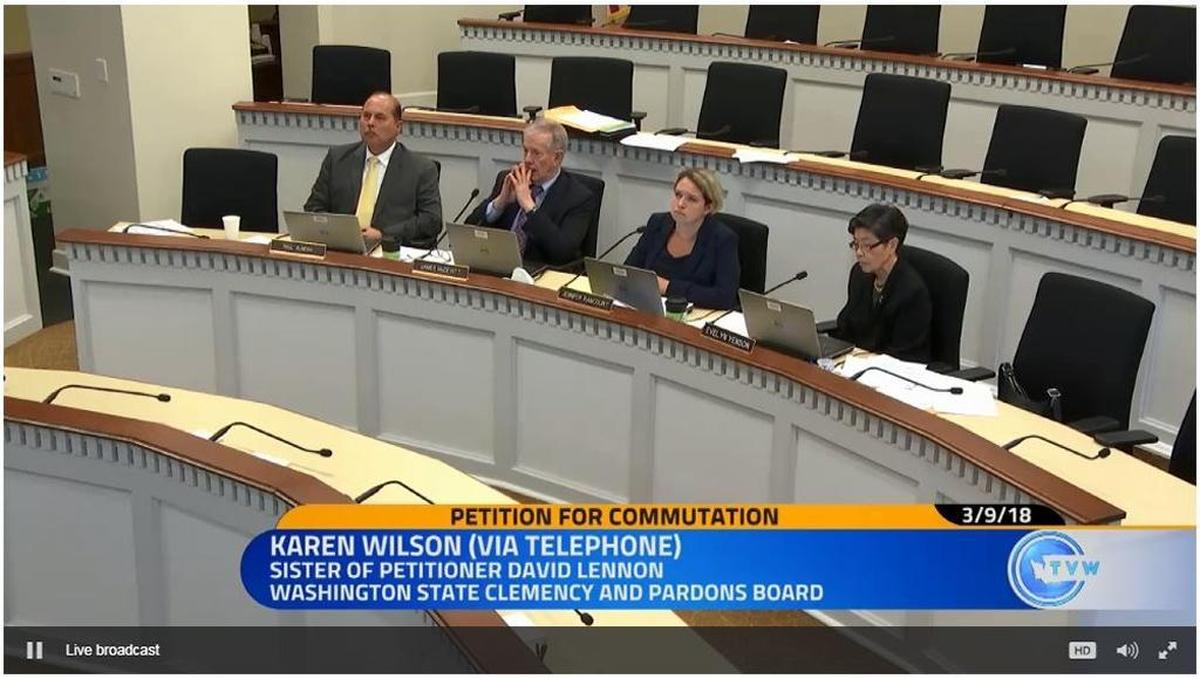 Members of the state Clemency & Pardons Board — Raul Almeida, left, Jim McDevitt, Jennifer J. Rancourt and Evelyn P. Yenson — voted 4-0 Friday to deny David John Lennon’s petition for commutation. Their recommendation goes to Gov. Jay Inslee for a final decision.