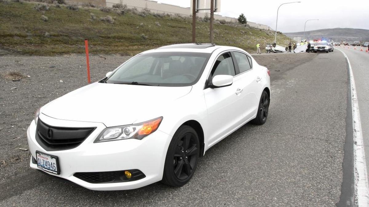 This Acura ILX was one of three vehicles accused of racing in the eastbound lanes of Interstate 182 before Friday’s fatal wreck, said the Washington State Patrol. Driver Manuel Rosas, 27, of Pasco, stopped when another car flipped, ejecting Mannie Aispuro, 19, of Pasco, and has been cooperating with investigators.