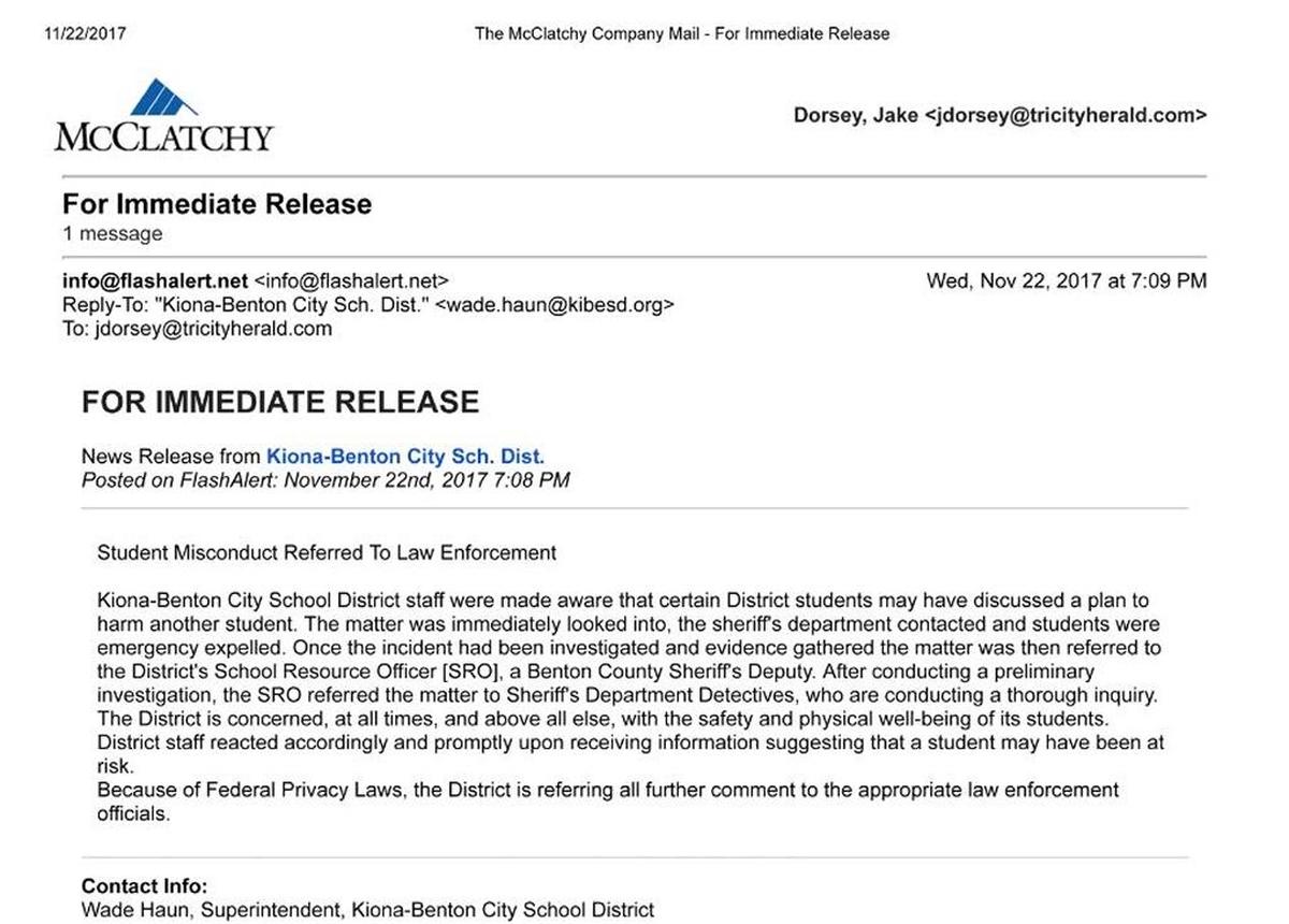 The release emailed to media at 7:09 p.m. Wednesday night.