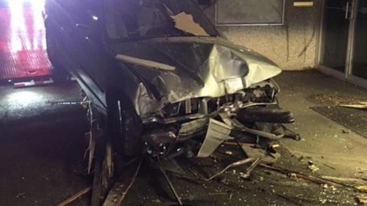 The Kennewick Police Department is searching for the driver of this sedan that drove into a building just overnight Wednesday on West Kennewick Avenue and South Olympia Street.