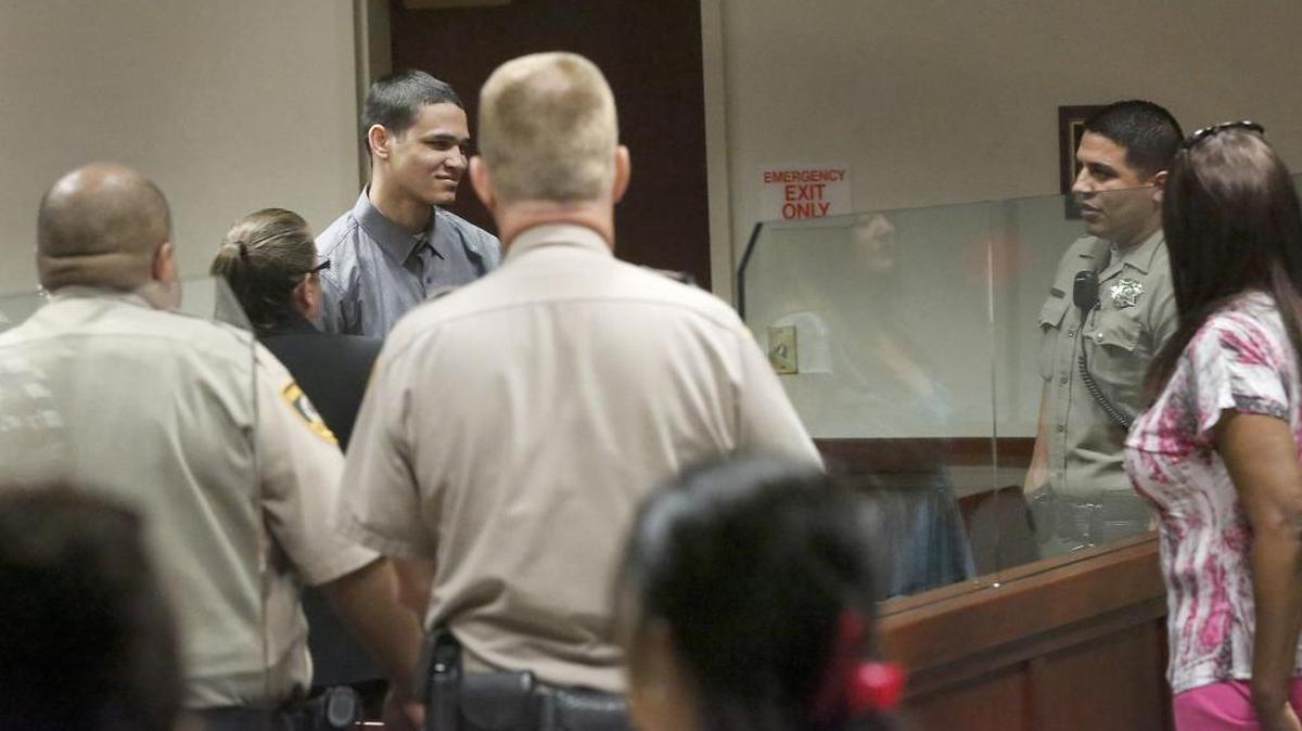 DeShawn Anderson appears to smile at family members after being convicted in Franklin County Superior Court Monday of murder and assault. The 20-year-old Finley man was found guilty by a jury of killing a man in December 2014, just weeks after he allegedly shot up a car with four men inside.