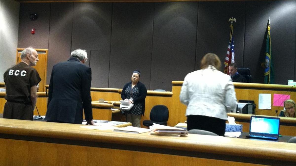 William G. Nicol, left, makes his first appearance in Benton County Superior Court on Friday after he ran from the courthouse in October 2016 just before jurors convicted him of child rape and molestation. He was arrested last month on a nationwide warrant while trying to cross the border from Mexico into California.
