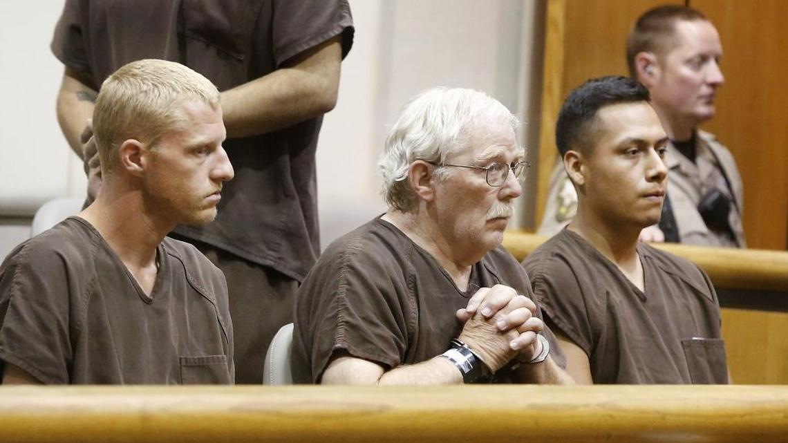 Child sex sting suspects (from left) Ryan D. Harris, Douglas Arbogast and Marco A. Celis Hernandez sit together Tuesday afternoon during their arraignments in Benton County Superior Court.