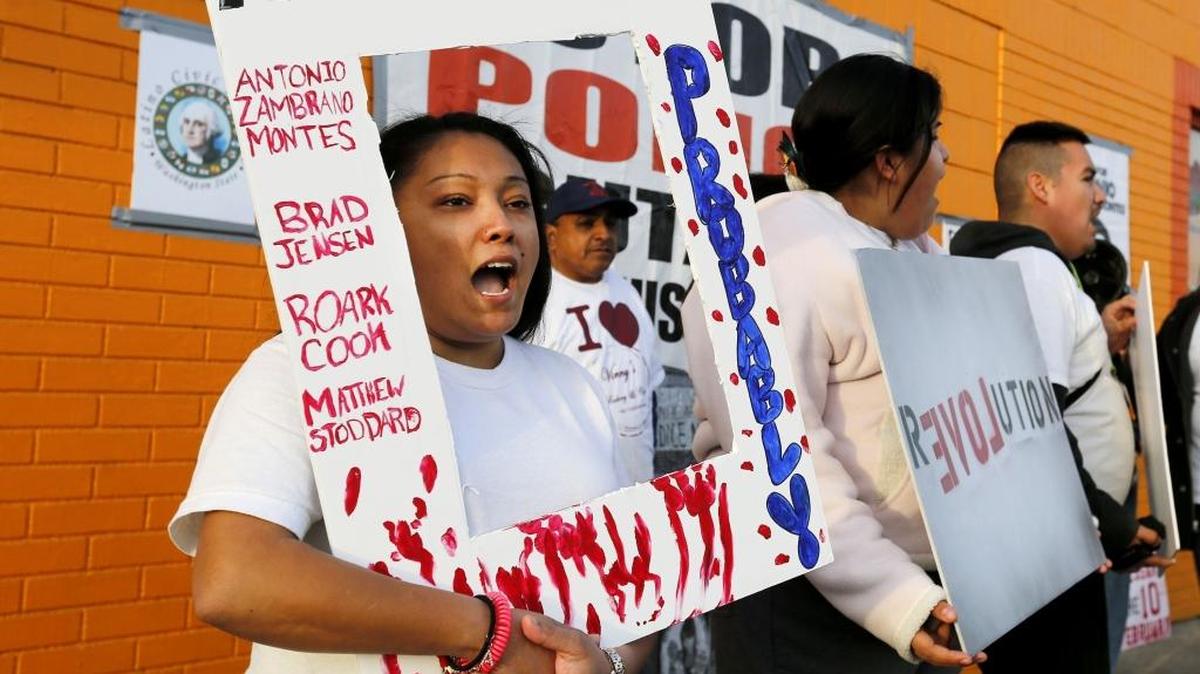 Protesters mark the one-year anniversary in February of the death of Antonio Zambrano-Montes in Pasco.