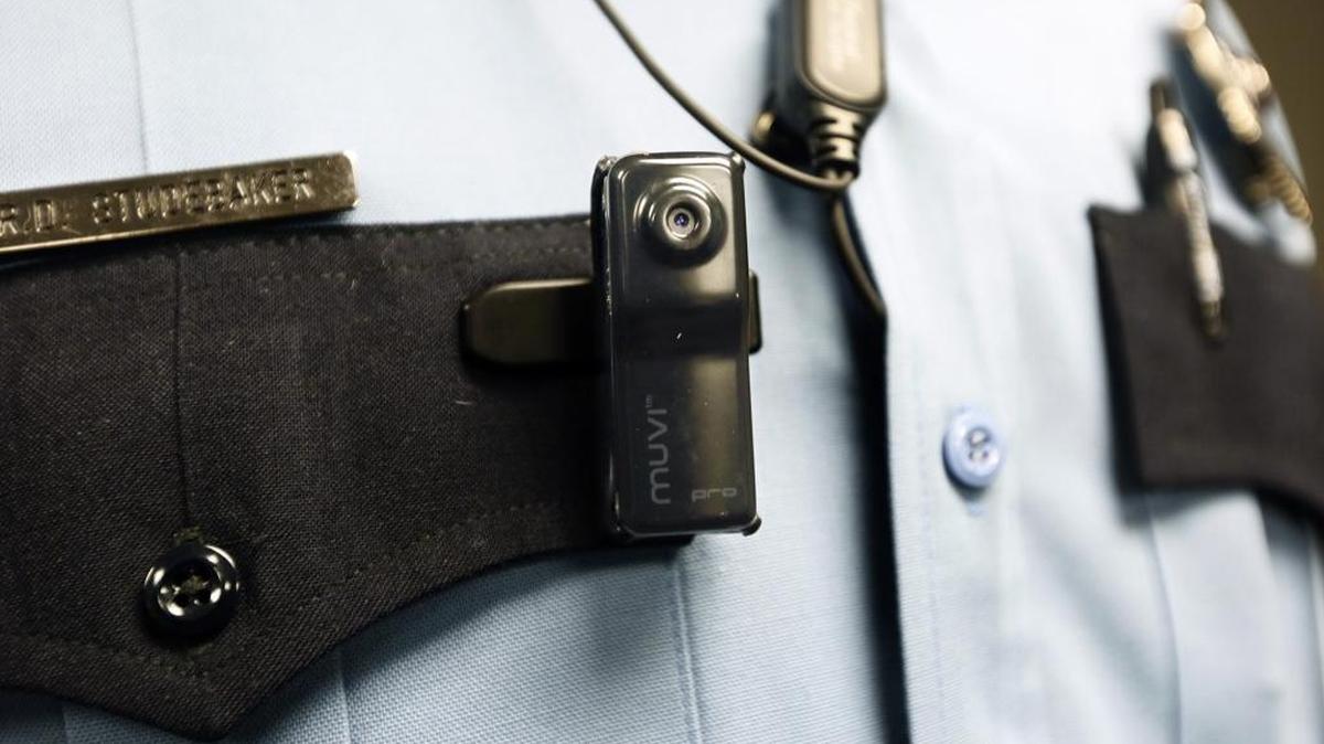 Officer Riley Studebaker of the Hermiston Police Department wears a body camera on his uniform shirt pocket.