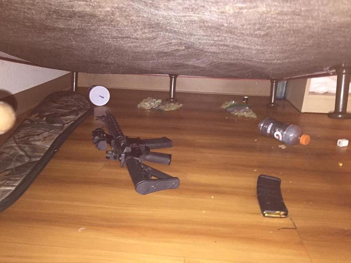 Richland police discovered a cache of marijuana, along with drug paraphernalia, weapons and cash, after real-time video messages led them to a Richland motel. Seven people were in the room Nov. 23.