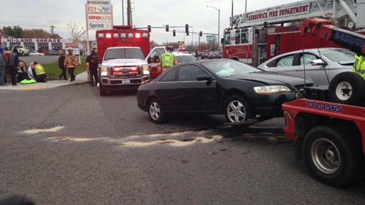 Two cars collided on West Clearwater Avenue in Kennewick on Friday.