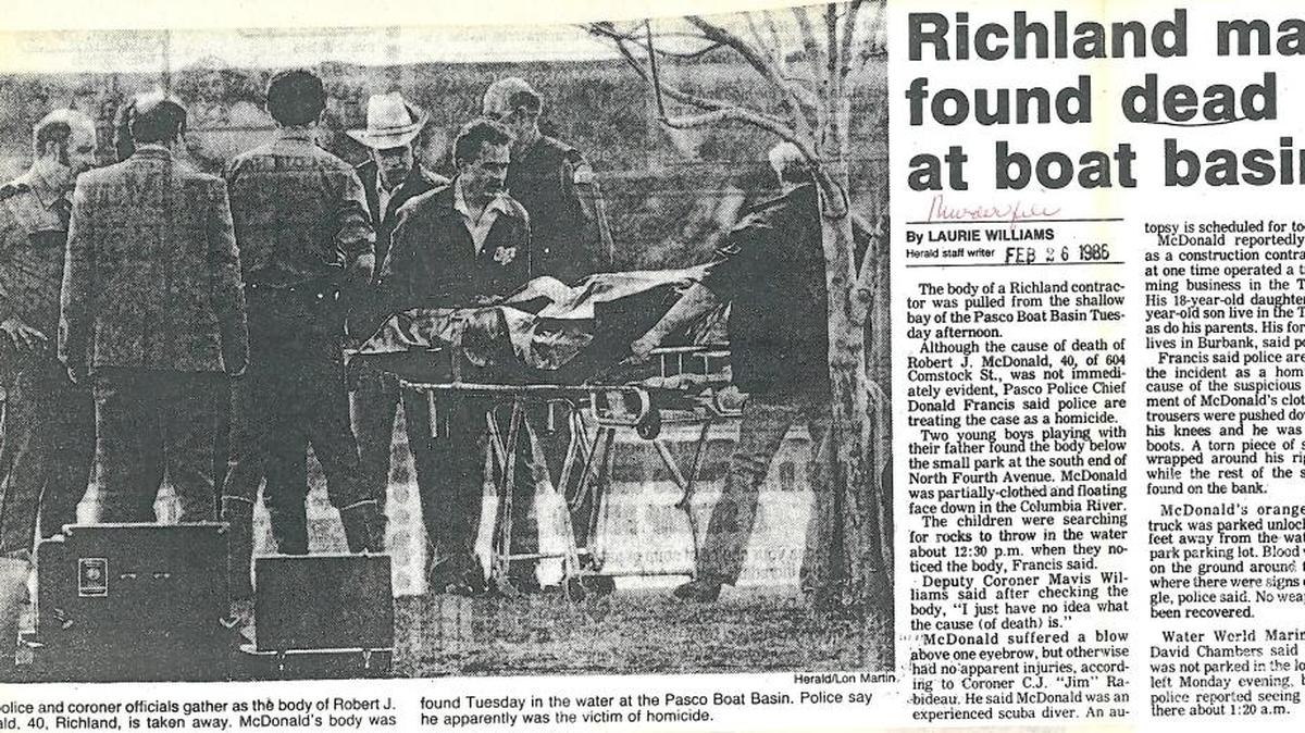 Theodore Milam, 56, is charged with the 1986 murder of Robert J. McDonald, found tied and floating in the Pasco Boat Basin. The statewide DNA database connected the suspect with the now-34-year-old crime. This was the original Tri-City Herald story about McDonald’s death.