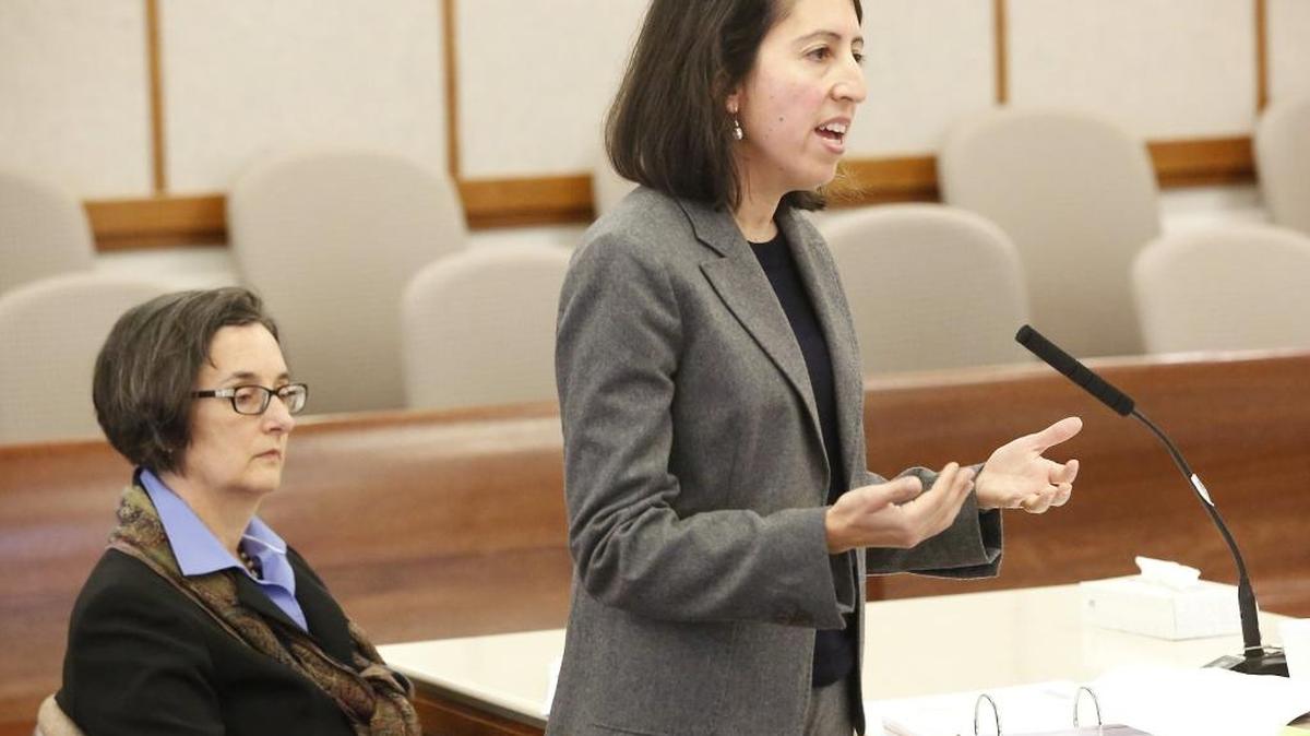 Innocence Project Northwest founder Jacqueline McMurtrie, left, and attorney Fernanda Torres present the arguments for DNA testing of evidence in a 1974 letter bomb case Friday during a hearing in Franklin County Superior Court.