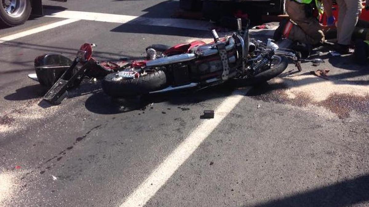 A damaged motorcycle involved in a Sunday afternoon crash at the intersection of Fruitland Street and Canal Drive in Kennewick. The motorcycle’s driver was taken to a hospital with non-life threatening injuries.