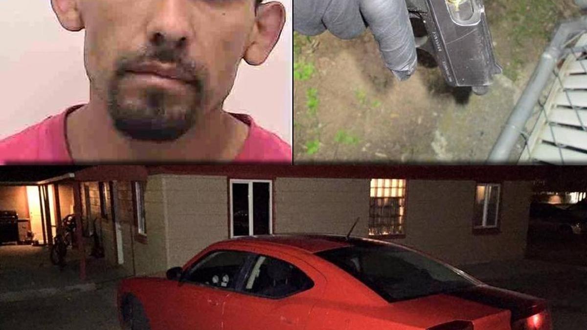 From left, clockwise: David Castaneda, 35, was arrested March 5 by Pasco police, after allegedly throwing away a black Cobra pistol and abandoning a Dodge Charger stolen from Umatilla.