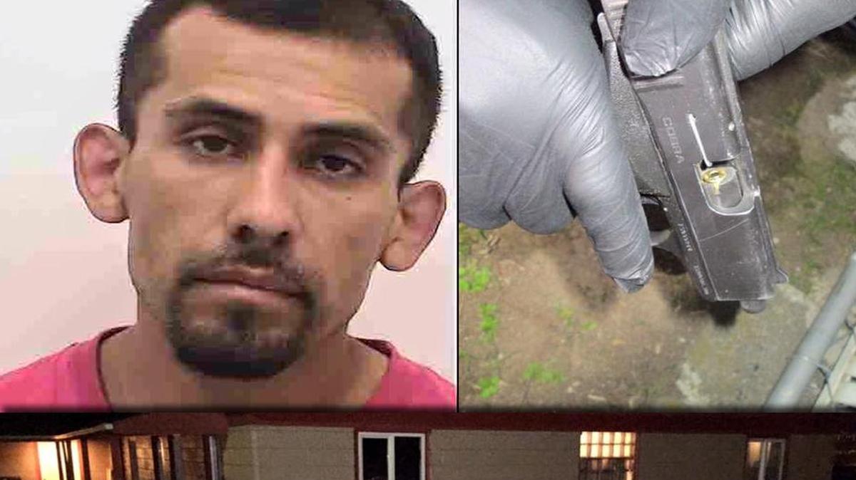 From left, clockwise: David Castaneda, 35, was arrested by Pasco police officers Saturday, after throwing away a black Cobra pistol and abandoning a Dodge Charger stolen from Umatilla.