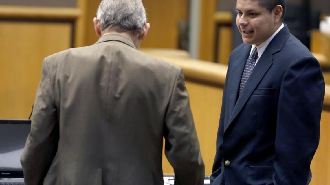 Francisco J. Resendez Miranda, pictured in trial in 2015, is asking the state Court of Appeals to reverse his conviction for killing three Pasco friends in a Benton County cornfield. The court went on the road for the hearing Thursday at Walla Walla University in College Place.