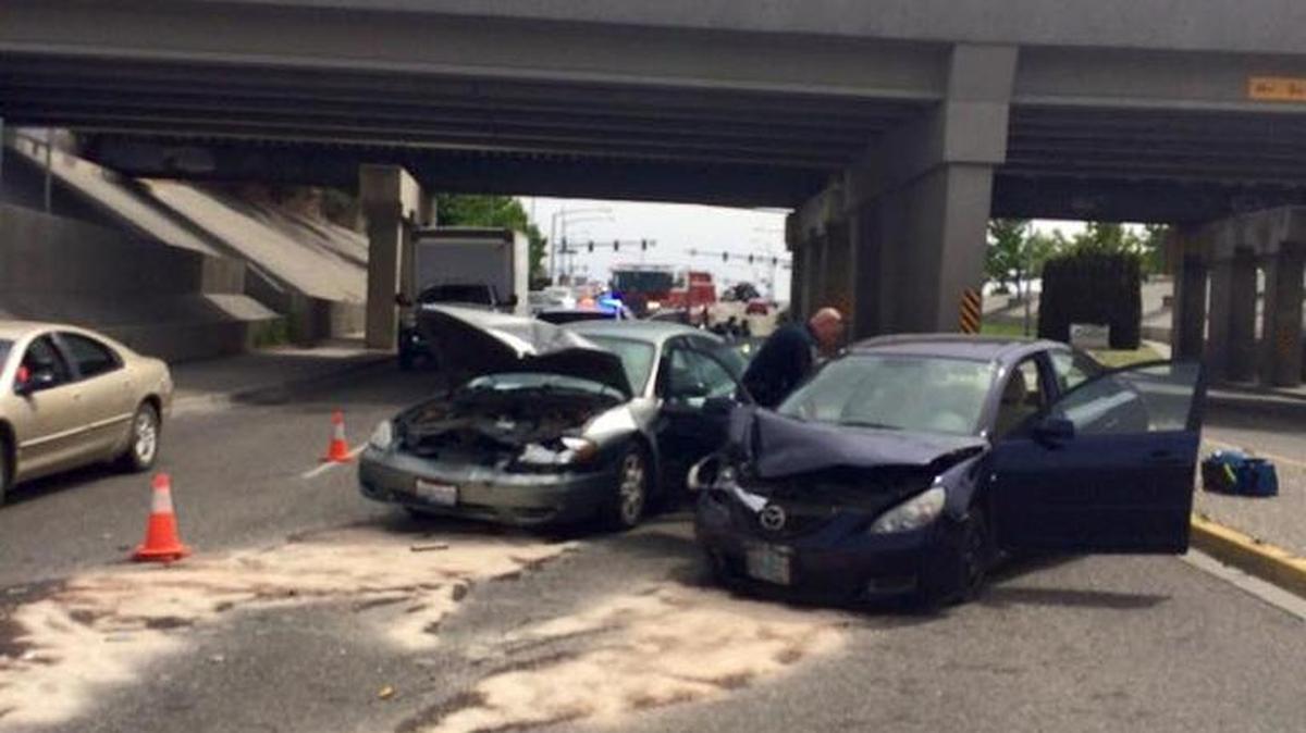A collision closed two lanes of traffic on Columbia Center Boulevard on Wednesday afternoon.