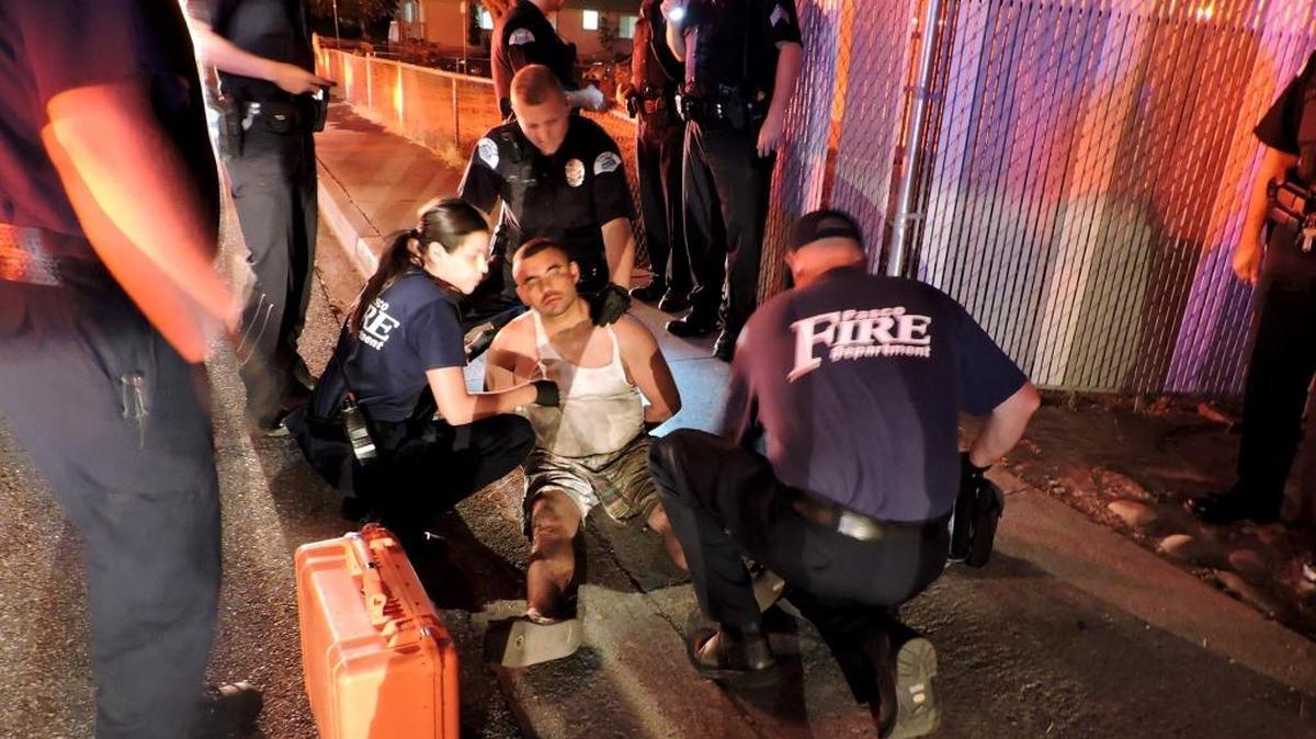 Officers restrained Morfin after discharging an electric shock device on him twice. He received medical treatment and was booked into Franklin County jail on an investigative hold for three counts of third-degree assault.
