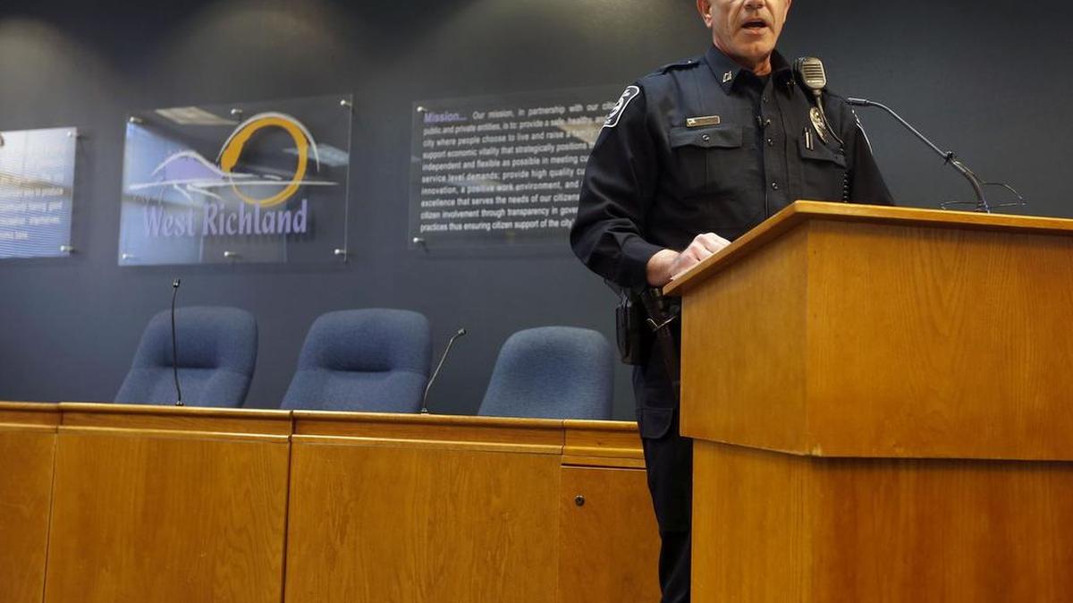 Captain Ben Majetich with the West Richland Police Department speaks in 2015 during a press conference in the city council chambers.
