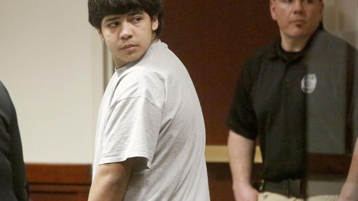 Suspect Abraham Barajas, now 16, appears Tuesday in Franklin County Superior Court in connection with the February 2015 fatal shooting of Juan C. Melgoza in the Fiesta Foods parking lot in Pasco.