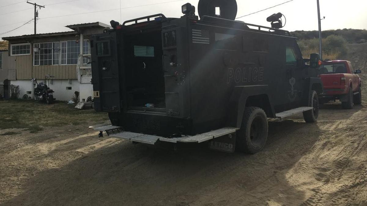 A Tri-City Regional SWAT Bearcat outside a home in Finley. Authorities arrested Brent R. Smith at the home Tuesday.