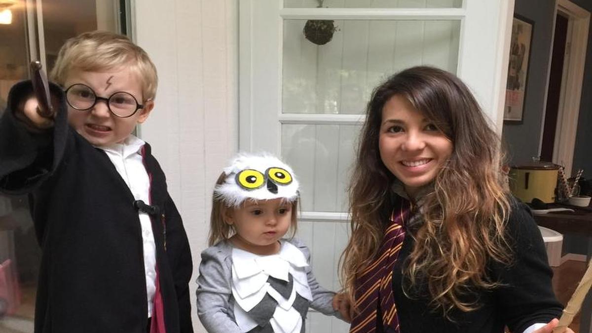 Katy Straalsund with a niece and nephew at Halloween.
