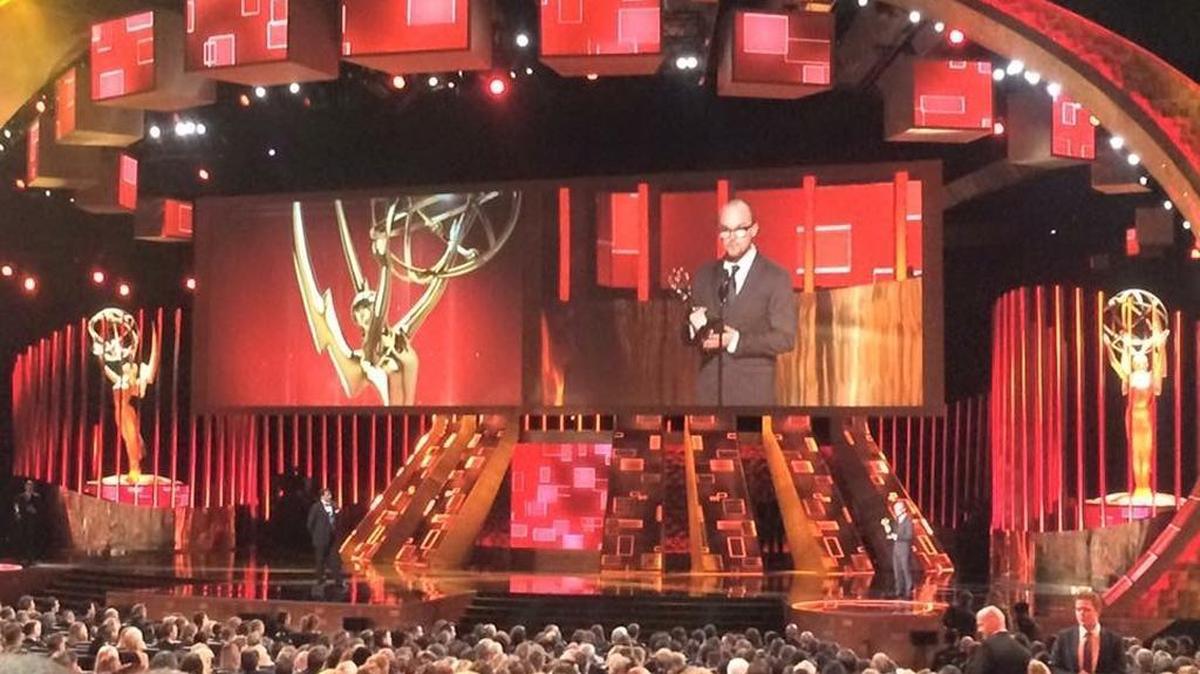 
Bradley Schaffer picks up his statue during the Creative Arts Emmy Awards on Sept. 12 in Los Angeles.
