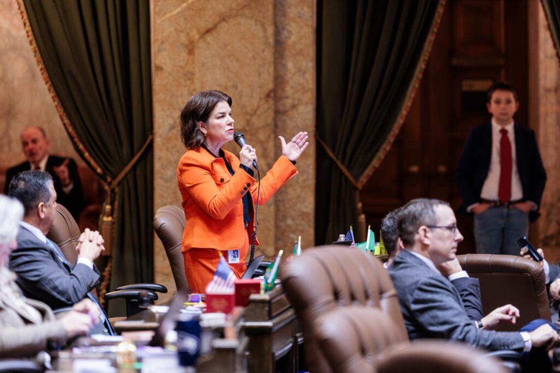 Rep. April Connors, R-Kennewick, speaks on the floor of the state House of Representatives in Olympia on Feb. 28, 2026.