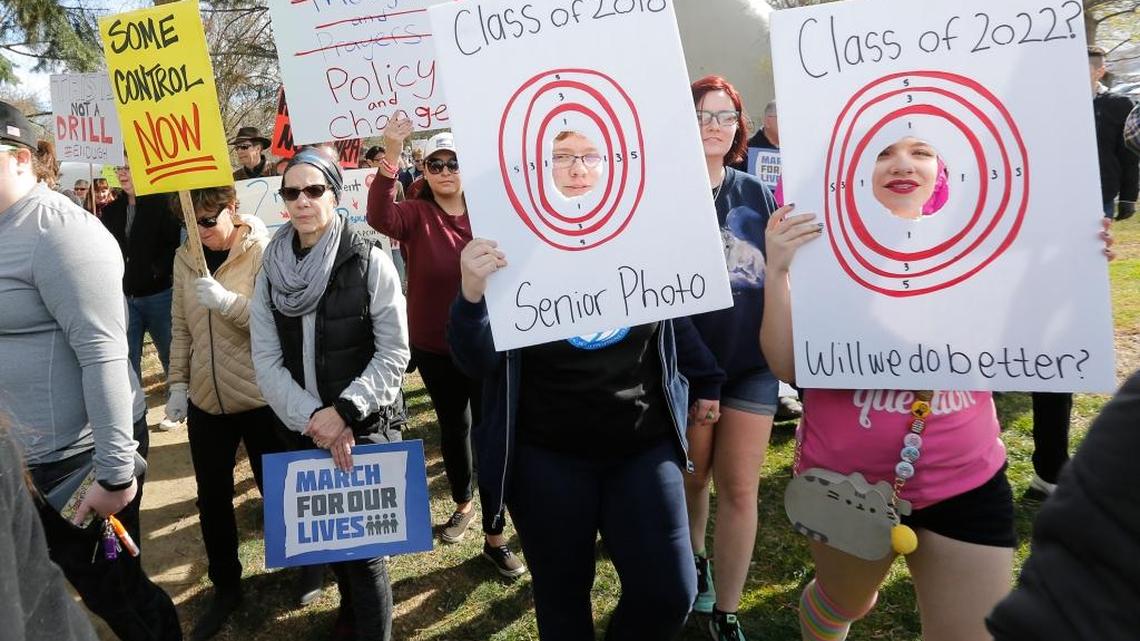 More than 2,000 people gather holding signs to march after the March for our Lives rally at Howard Amon Park in Richland on Saturday. The event was one of an estimated 800 around the world protesting school violence.