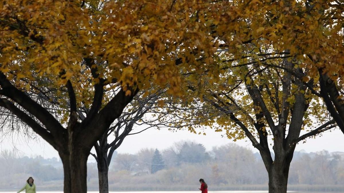 Walkers enjoy the warm weather Thursday in Howard Amon Park in Richland, where trees are still filled with colorful leaves. The National Weather Service says the mild fall weather will continue Friday and Saturday, with high temperatures in the low 60's.