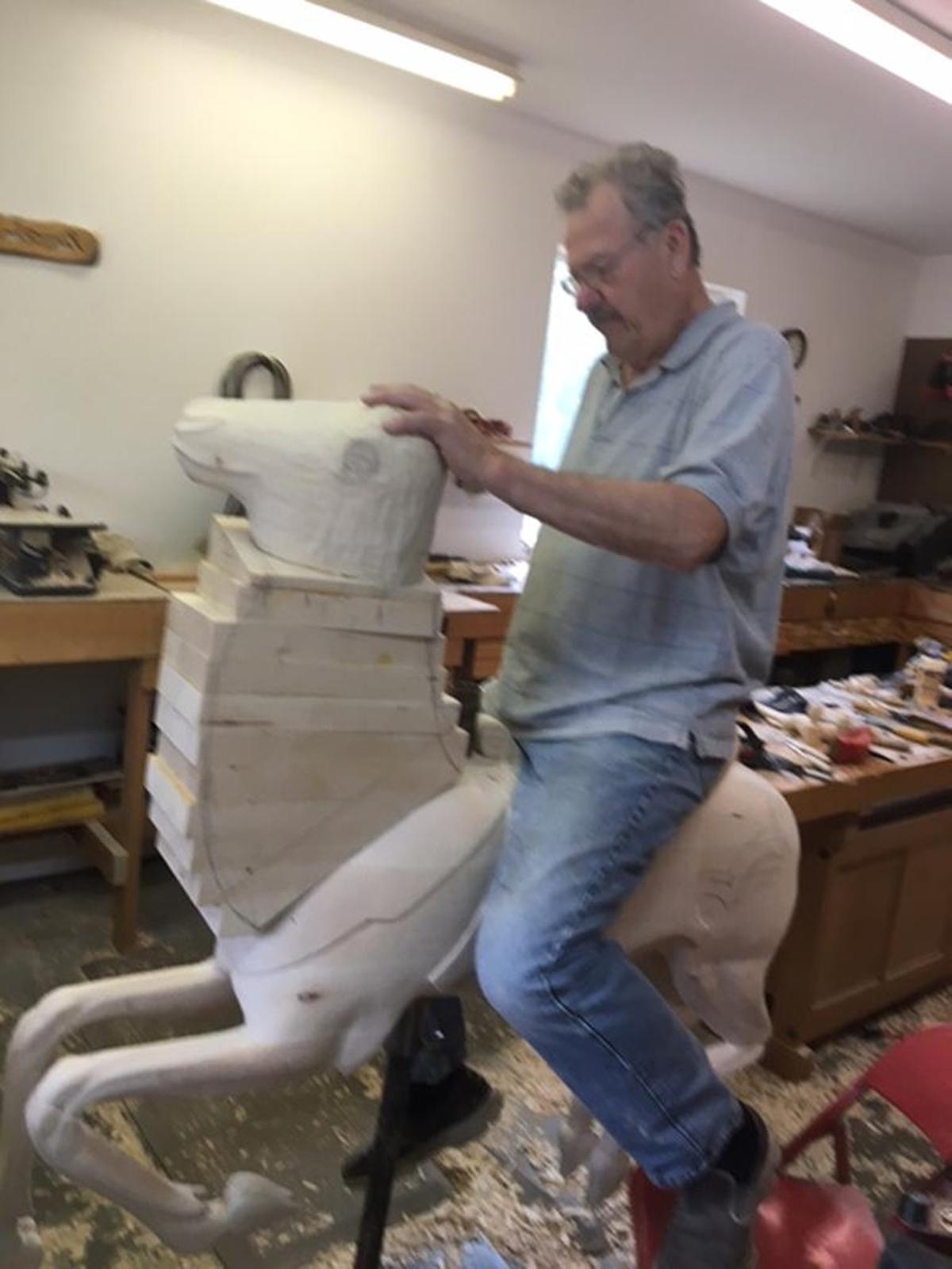 The horse was carved out of a stack of basswood during the course of several hundred hours.
