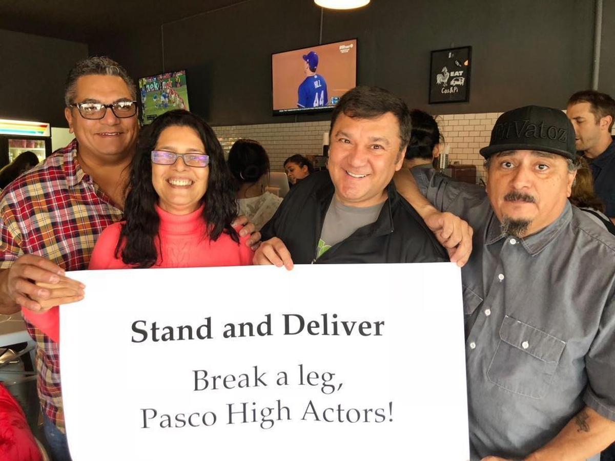Some of the stars of the classic 1988 film ‘Stand & Deliver’ got wind of Pasco High School’s upcoming stage production. From left, they are Will Gotay (Pancho), Lydia Nicole (Rafaela), Patrick Baca (Javier) and Daniel Villarreal (Chuco).