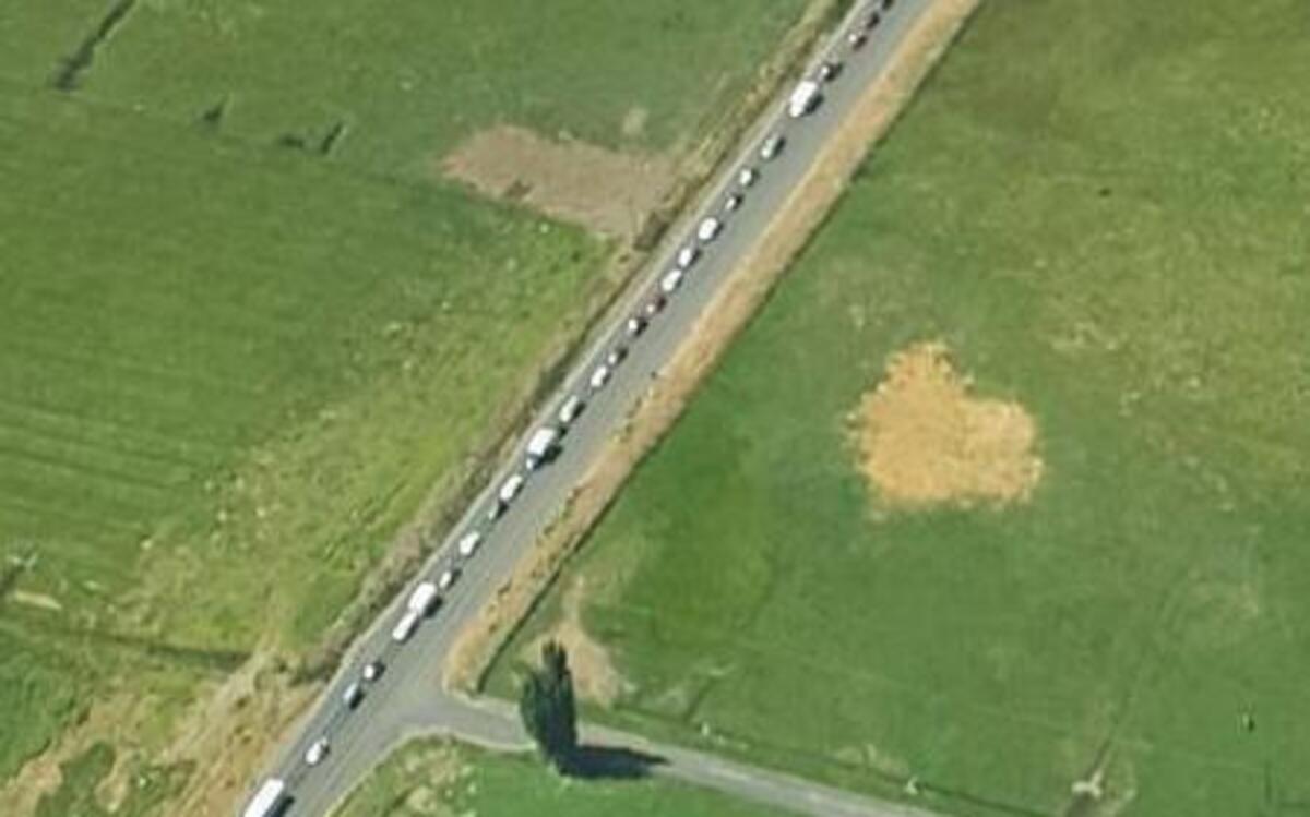 This photo from an Oregon State Police Plane shows traffic backed up on Highway 26 near Prineville on Thursday afternoon. The influx of traffic comes days ahead of the Aug. 21 eclipse, with the path of totality traveling through central Oregon.