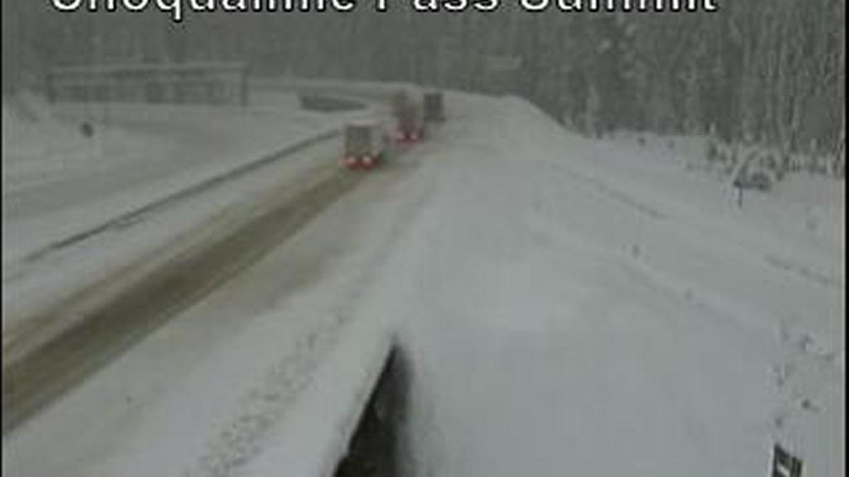 Snow is causing many collisions and spin-outs on Interstate 90 on Snoqualmie Pass on Tuesday morning, forcing the eastbound lanes to close.
