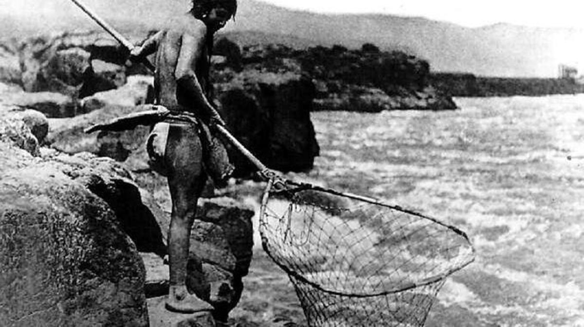 A Native American fisherman dip-nets for salmon in the Mid-Columbia in 1909. Indian tribes, as sovereign nations, have powerful rights to fish in the Columbia River system.