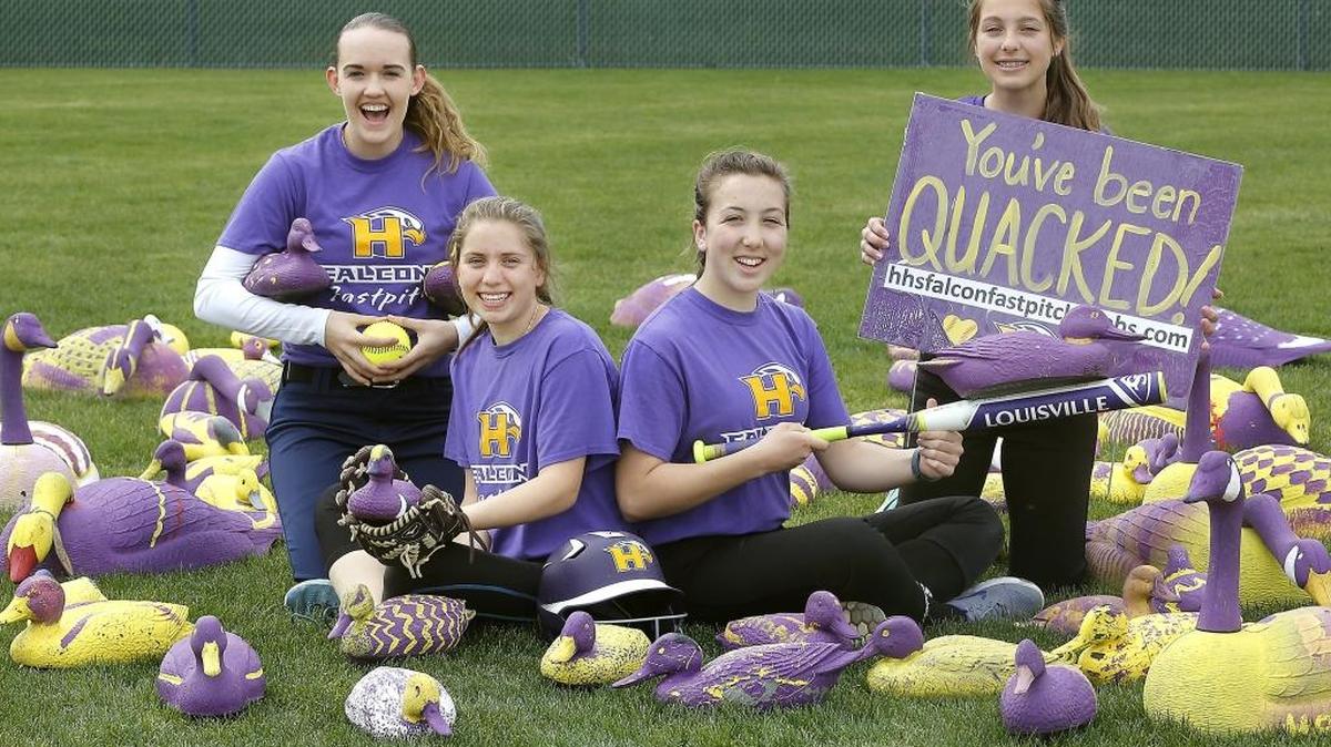 Members of the Hanford High School softball team are surrounded by the brightly painted goose and duck decoys they’re using in their Quacked fundraiser to raise money to finish off the interior of a new building at the school’s softball field complex. From left, Annie Polster, Sarah Evans, Malinda Ham and Jenna Hassett. Watch a video at tricityherald.com/video