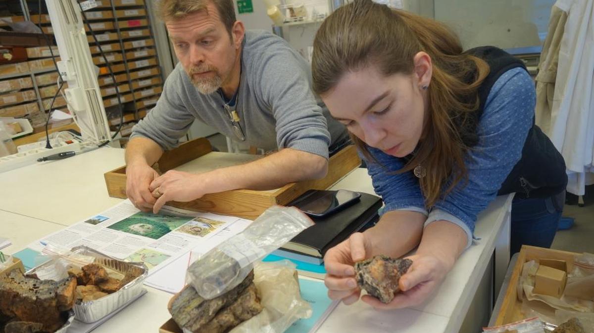Former WSU graduate student Jamie Weaver (right) interned at PNNL investigating nuclear waste immobilization by studying ancient hillfort glass in Sweden.
