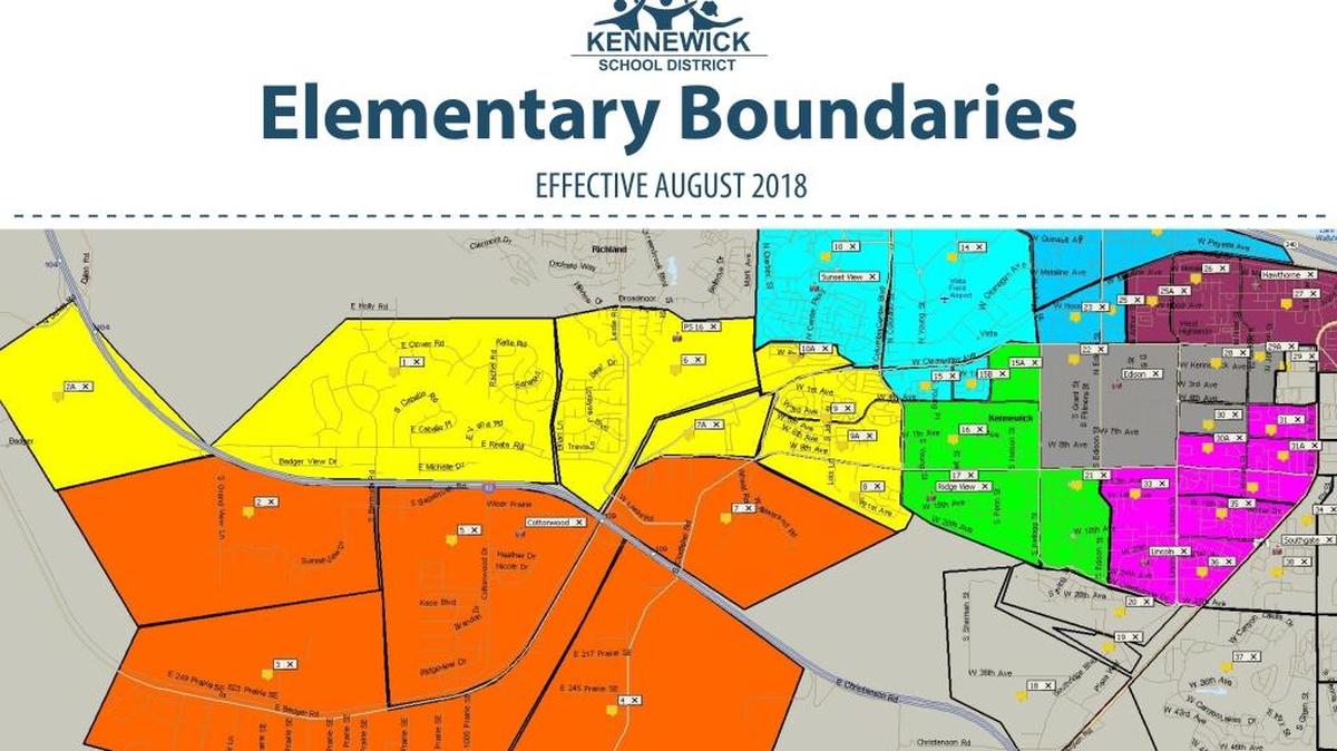 Some elementary schools in Kennewick will have new boundaries next year. The changes affect Cottonwood, Edison, Hawthorne, Lincoln, Ridge View, Sunset View and Vista. The map highlights the main changes. Yellow is the new Elementary #16, orange is Cottonwood, blue is Sunset View, green is Ridge View, pink is Lincoln and red is Hawthorne.