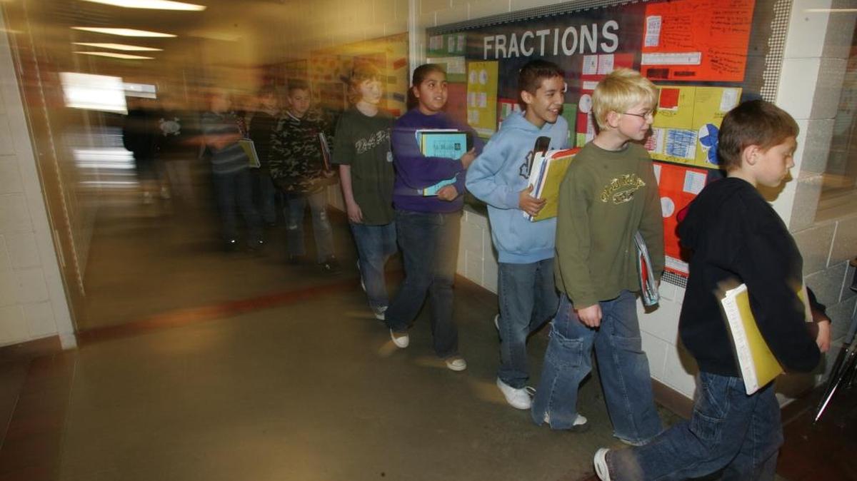 Fifth-graders at Columbia Elementary School in Burbank line up to move to their next class in this 2007 file photo. The school board unanimously agreed to ask voters to approve a $4.5 million bond on Feb. 14.