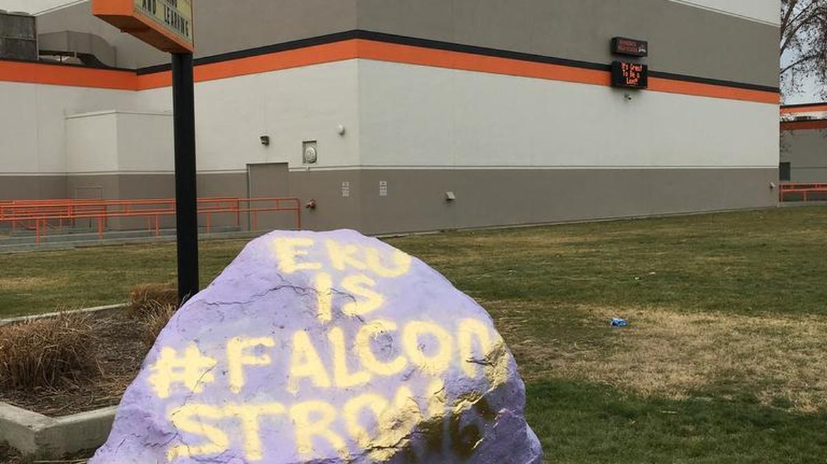 The student spirit rock at Kennewick High School at the corner of Dayton Street and Sixth Avenue was repainted to the purple and gold of Hanford High School to show support for the Richland school. Three students tied to Hanford have died in the past week.