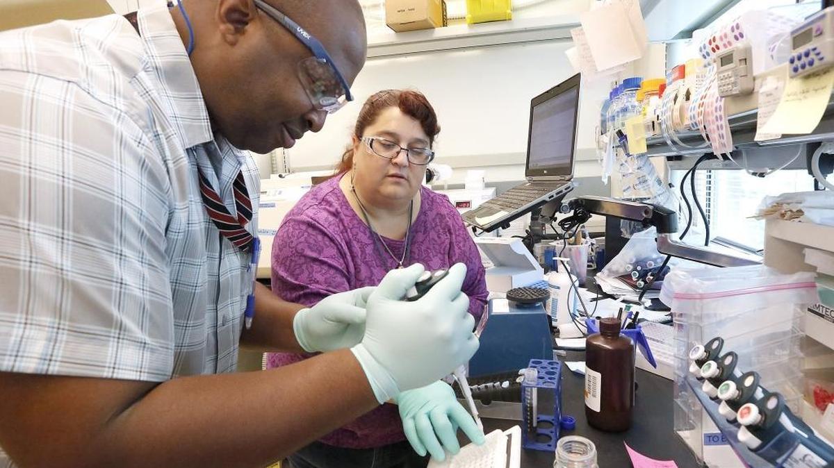 Chiawana teacher Kentin Alford, left, is guided in a research lab by Battelle scientist Heather Brewer on his second day at PNNL in Richland.