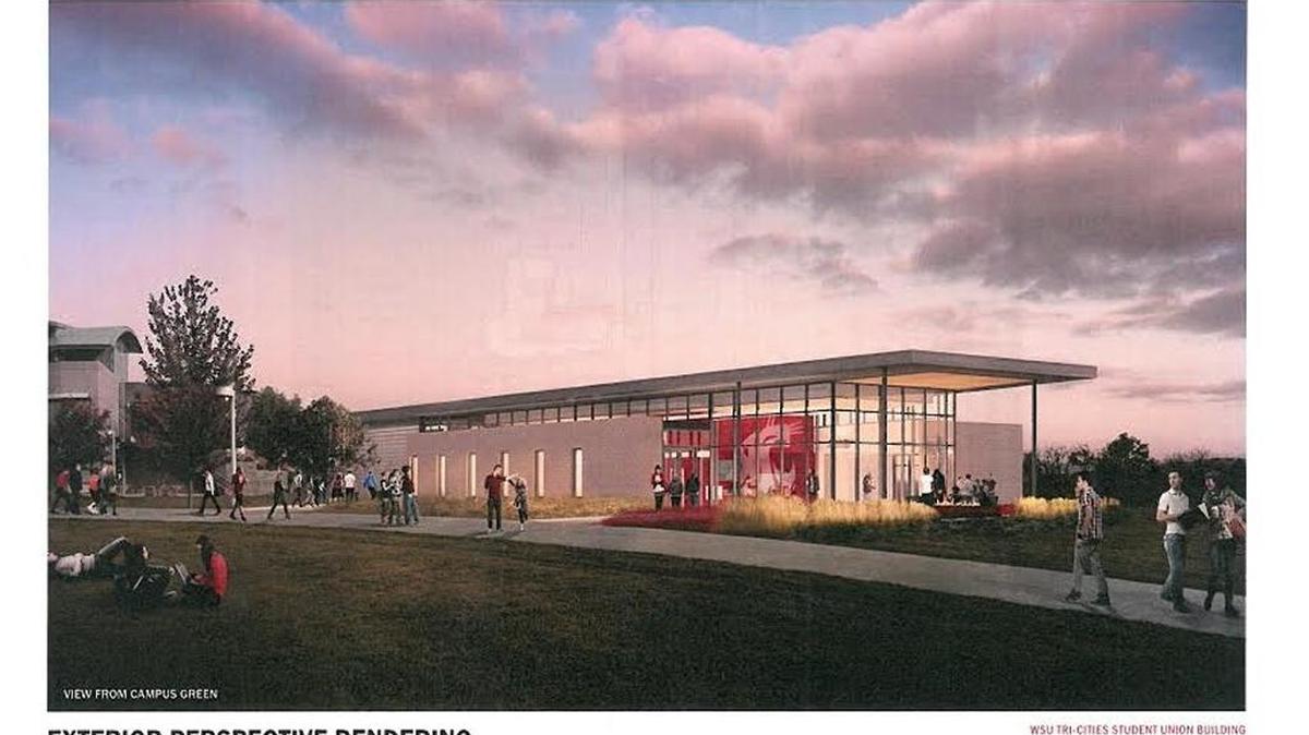 An architectural rendering of the exterior of a proposed design for a student union building for the Washington State University Tri-Cities campus in Richland.