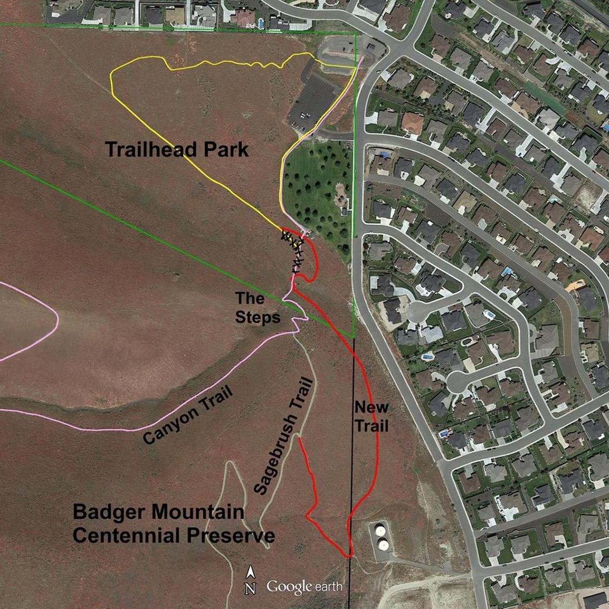 The Sagebrush Trail shown in red allows hikers on the popular Canyon Trail to bypass the steep steps at Badger Mountain in Richland.