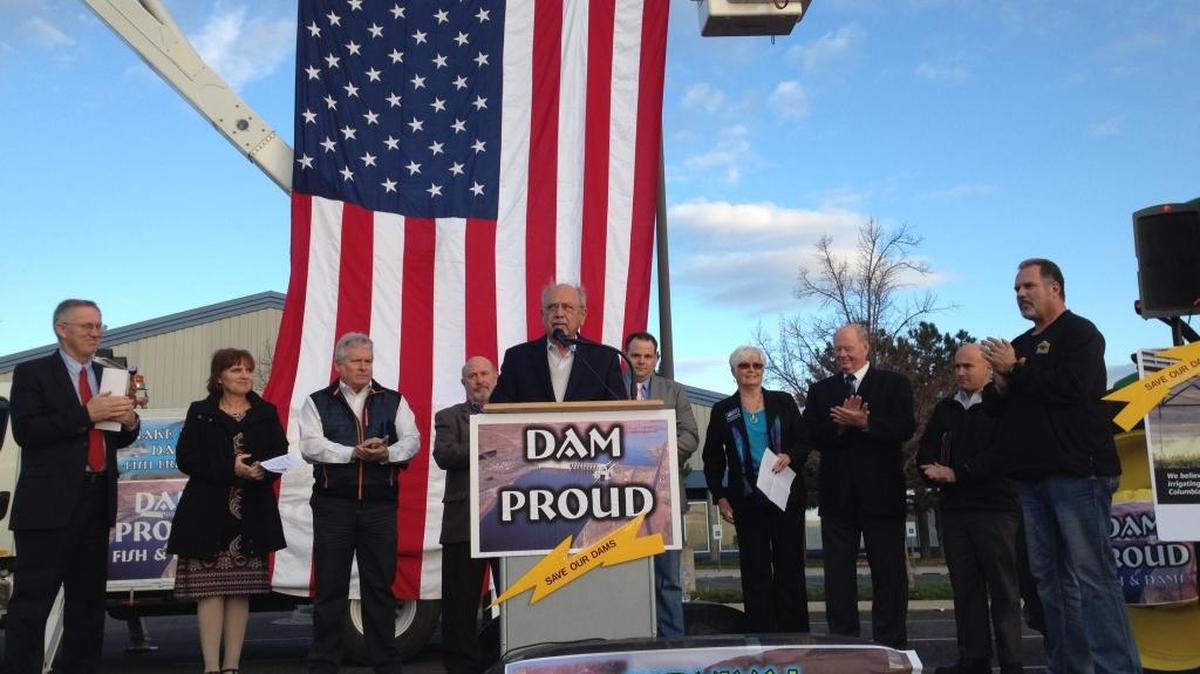 Retired Rep. Doc Hastings, R-Wash., and other officials spoke about the importance of the Snake River dams at a news conference before a Pasco public meeting to discuss what should be included in a new study, that is expected to consider breaching the dams.