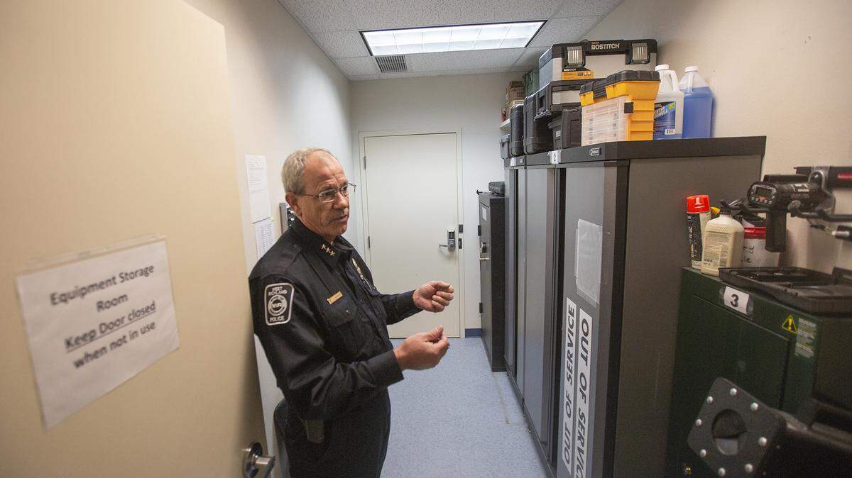 West Richland police Chief Ben Majetich shows an equipment storage room at the West Richland Police Department. The city plans a meeting Nov. 7 to discuss plans to build a new, larger police station.