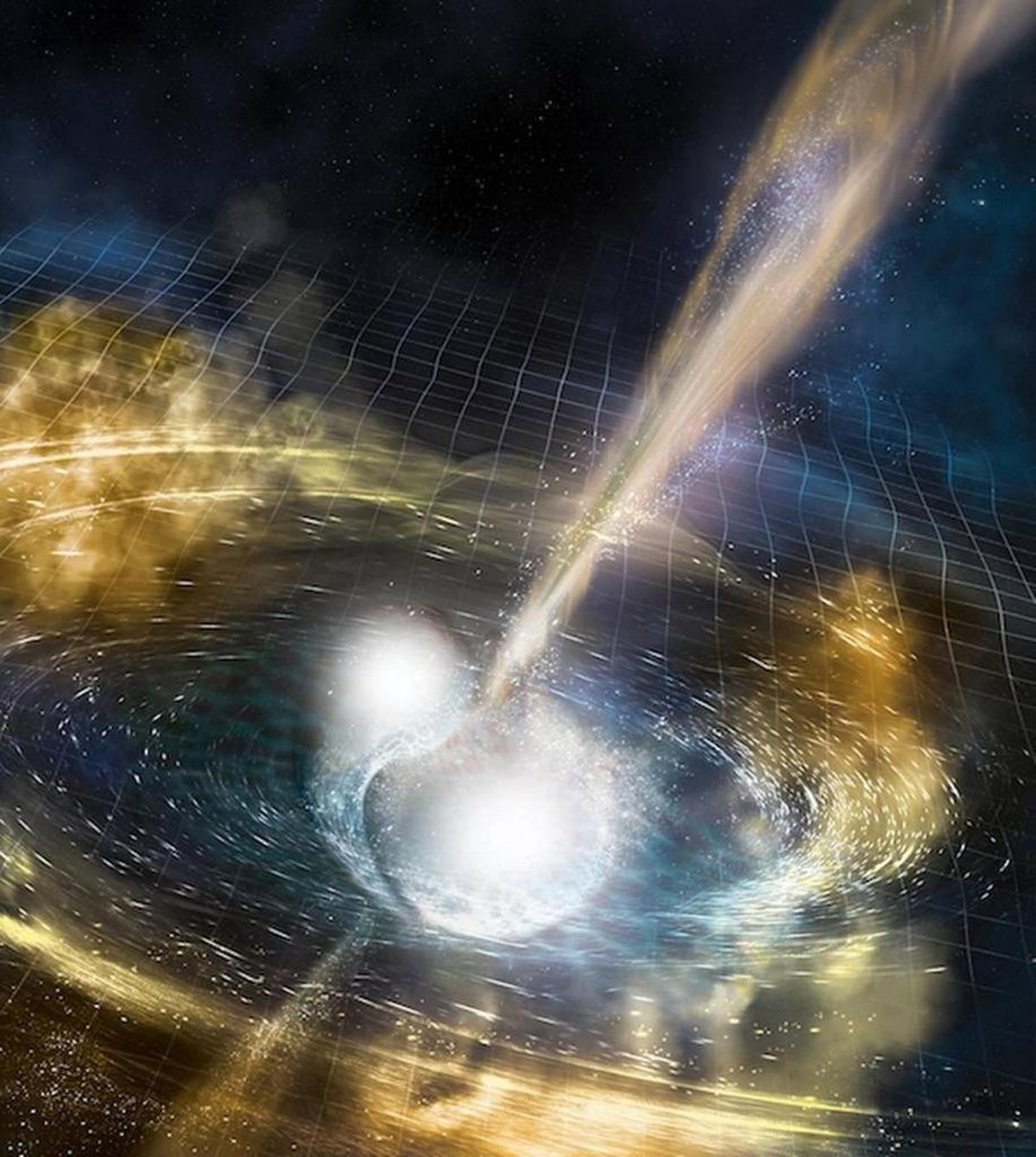 An artist’s illustration shows two merging neutron stars. The rippling space-time grid represents gravitational waves that travel out from the collision, while the narrow beams show the bursts of gamma rays that are shot out just seconds after the gravitational waves.
