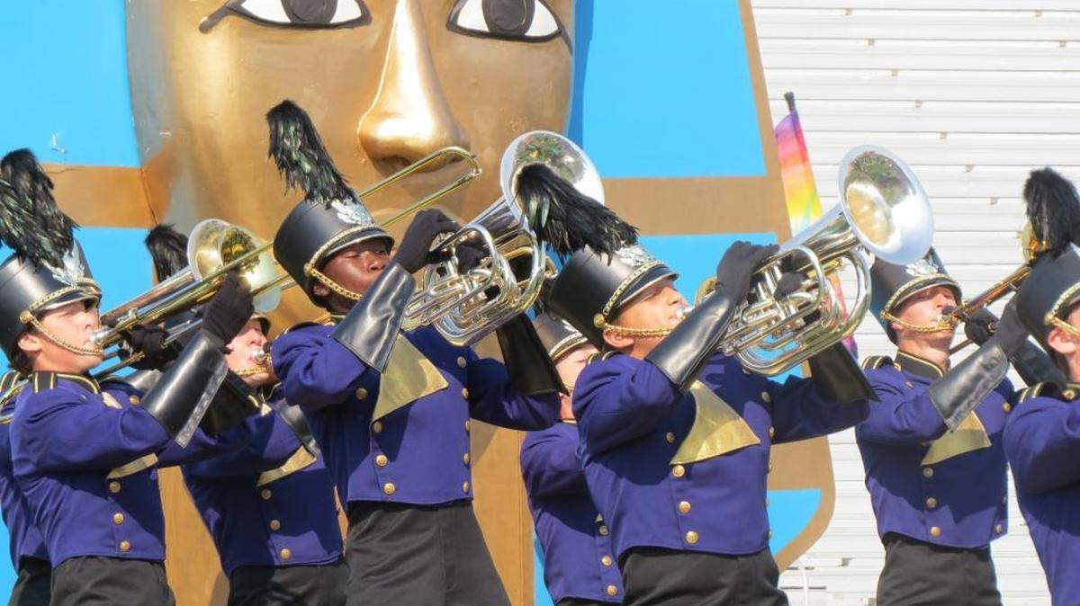 
Hanford High School’s marching band performs during the Cavalcade of Bands at Kennewick High School’s Lampson Stadium on Saturday.
