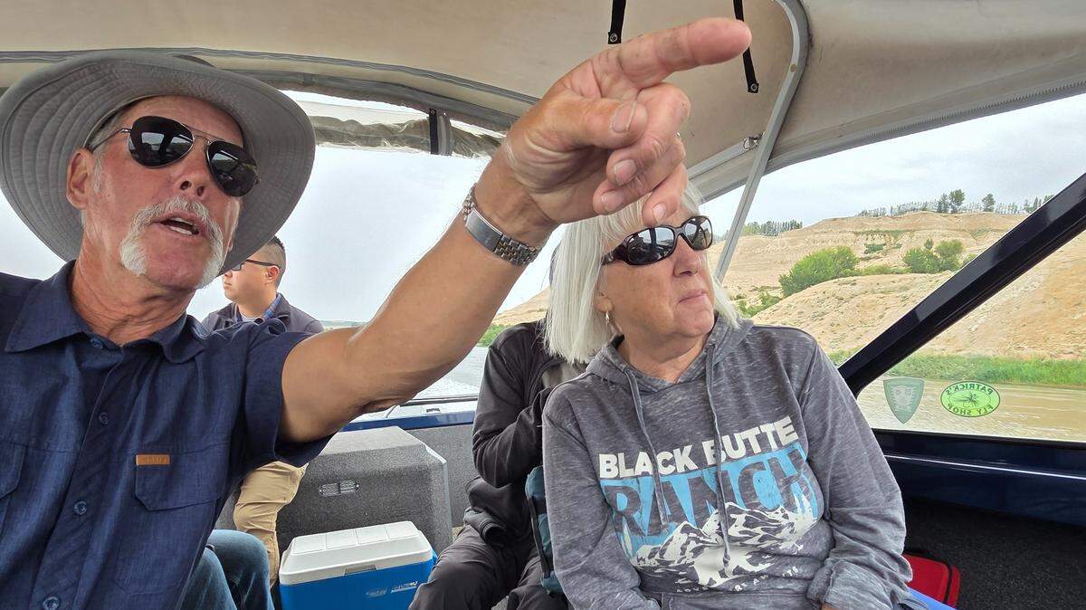 Todd Steele, son of riverkeeper and Hanford Reach National Monument advocate Rich Steele, points out from the Can Do III during a Wednesday tour of the site with U.S. Sen. Patty Murray. Agriculture production, invasive species and political apathy threaten the monument’s livelihood 25 years after its foundation.