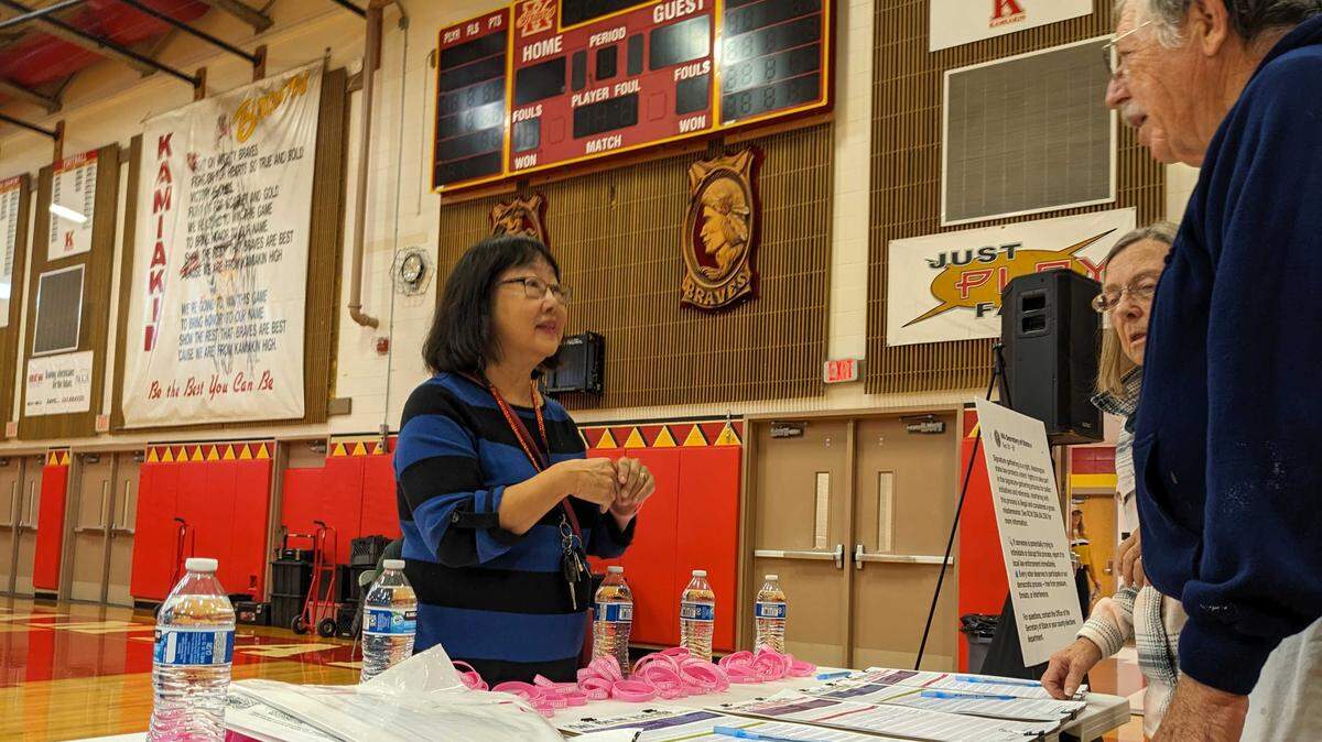 Let’s Go Washington volunteers answer questions about two initiatives the group hopes to bring in front of the Washington Legislature next year. A signature event was held Saturday, Oct. 25, at Kamiakin High School.